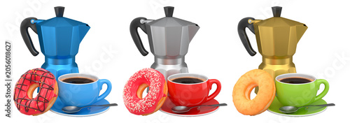 Set of moka pots with matching coffee cups and assorted donuts isolated on white background, breakfast concept