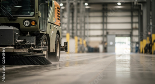 Industrial Cleaning Machine Sweeping Concrete Floor in Large Warehouse Facility