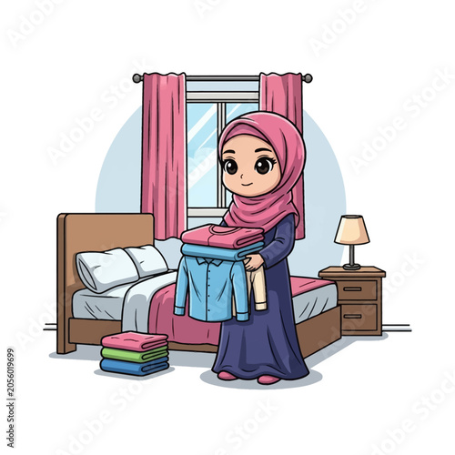Chibi Muslim woman wearing pink hijab and purple dress holding a stack of folded laundry in a bedroom featuring a bed, side table, lamp, and window with pink curtains background.