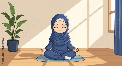 Cute chibi Muslim woman in blue hijab sitting cross-legged in meditation pose on a mat in a bright sunlit room with potted plant, wooden floor, and window shadow patterns.