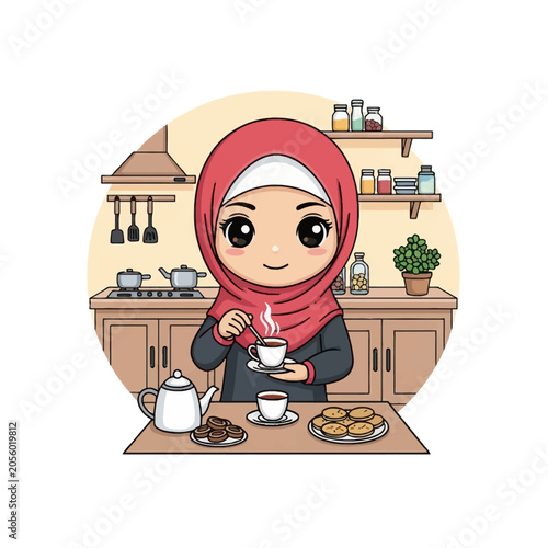 Cute chibi Muslim woman wearing red hijab stirring cup of hot tea in kitchen setting with teapot, cookies on table, shelves, and cabinets in flat vector illustration style.