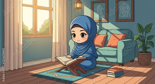 Cute chibi Muslim girl wearing a blue hijab sitting on a prayer rug and reading the Quran on a wooden stand in a bright living room with a teal sofa, window sunlight, and indoor plant.