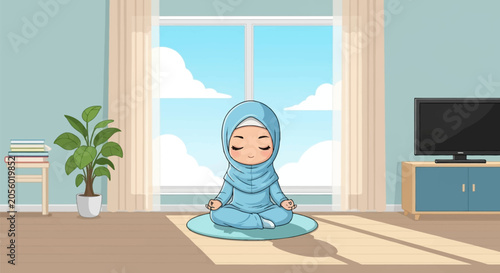 Vector illustration of a cute chibi Muslim woman in a blue hijab meditating in a sunny living room with a large window, indoor plants, books, and a television cabinet setup.