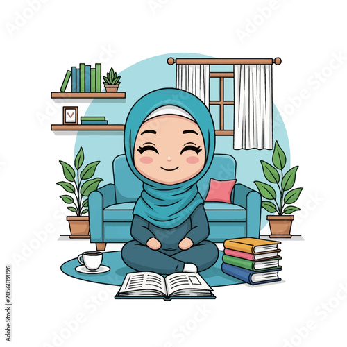 Chibi Muslim woman wearing a blue hijab sitting on a rug reading an open book in a living room with a sofa, plants, and bookshelves, flat vector illustration style.
