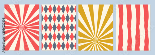 Vintage vector collection of four vertical circus backgrounds including red and gold sunburst rays argyle diamond patterns and textured stripes.