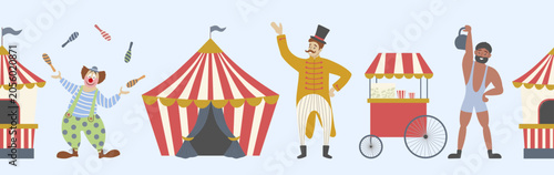 Bild auf Leinwand Colorful vector seamless horizontal border featuring a juggling clown circus tent showman popcorn cart and a strongman lifting a weight