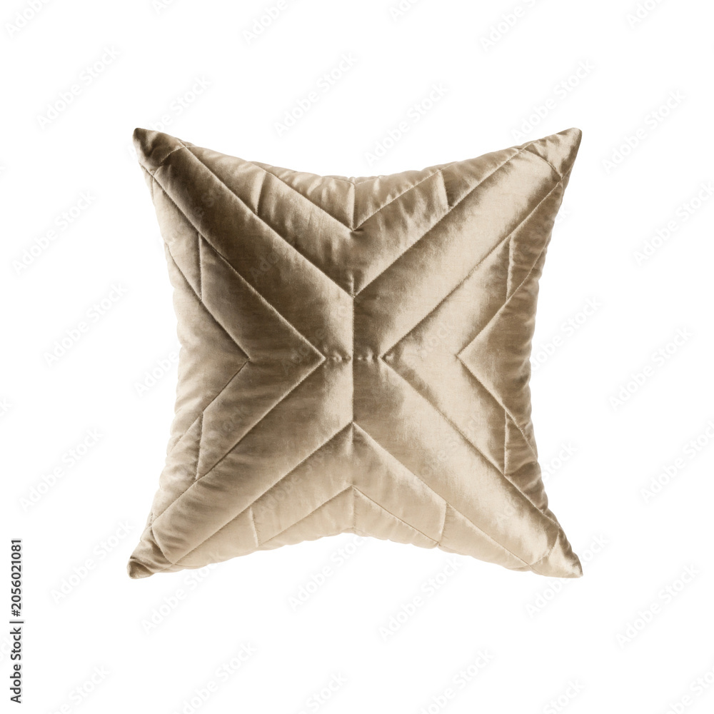 Fototapeta premium Square gold velvet decorative pillow with quilted star pattern as PNG cutout