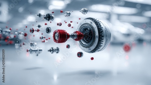 Futuristic Disassembled Engine Components with Red Accents Against a Soft-Blurred Background in a Workshop Setting