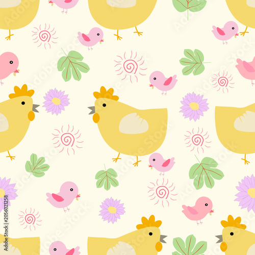 Hand- drawn Cute Cartoon Chicken and Bird Seamless Pattern with Flowers and Leaves on Pastel Background
