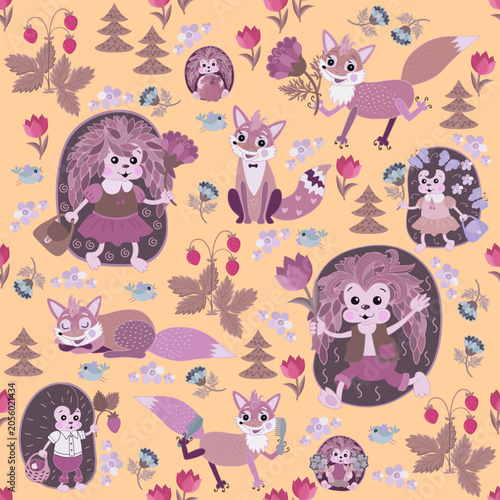 Cute seamless pattern with hedgehogs, foxes, birds, flowers, trees and berrie...
