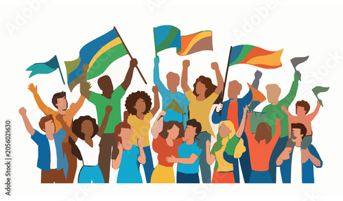 Photos Crowd holding flags celebrating victory vector people illustration set