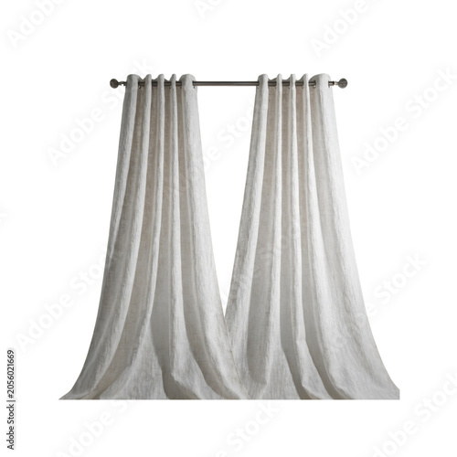 Elegant white fabric curtains hanging on a metal rod as transparent cutout