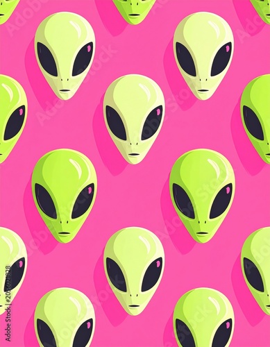 Repeating pattern of green alien faces with large black eyes on a bright pink background.