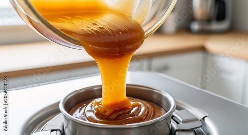 Rich caramel sauce pouring into metal pan for dessert preparation