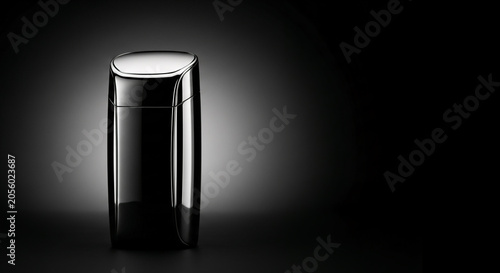 Sleek luxury product bottle standing vertically on dark studio background with elegant reflections