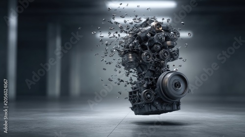 Abstract concept of a disintegrating engine showcasing mechanical parts floating in space with dramatic lighting