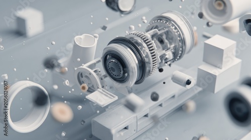 Abstract representation of engine components and mechanical parts in a dynamic floating arrangement with blurred background