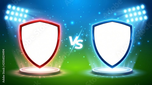 Red Shield versus Blue Shield on Green Field with Stadium Lights
