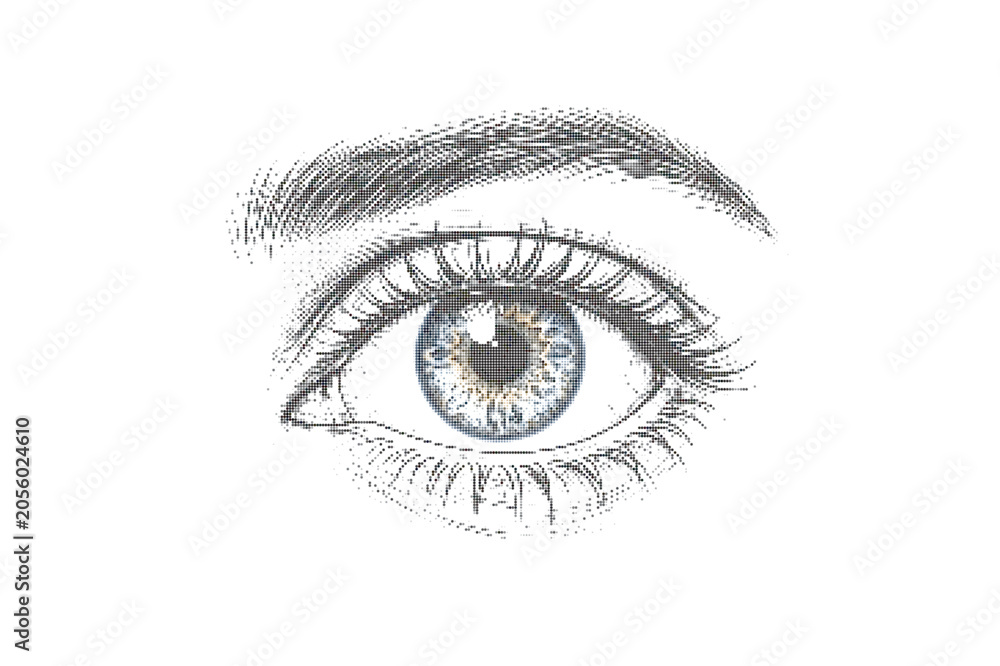 Obraz premium Detailed illustration of a human eye with blue iris and realistic eyelashes
