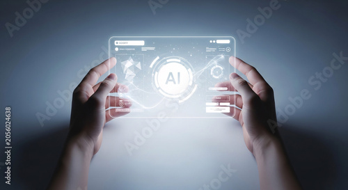 Hands Holding Futuristic Transparent Tablet with Glowing Artificial Intelligence Interface