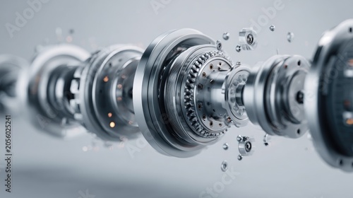 Detailed Close-up of Disassembled Mechanical Gears and Components in an Abstract Background with Light Reflections