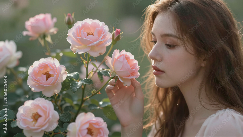 Fototapeta premium Soft pink roses bloom beside a gentle woman. Her hand brushes a petal as she inhales their scent. Golden light filters through lush green leaves. She gazes softly, eyes closed in tranquil appreciation