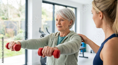 Senior woman weight lifting strength training fitness coach gym. elderly retired old. dumbbell strength fitness exercise training, healthy wellness active lifestyle