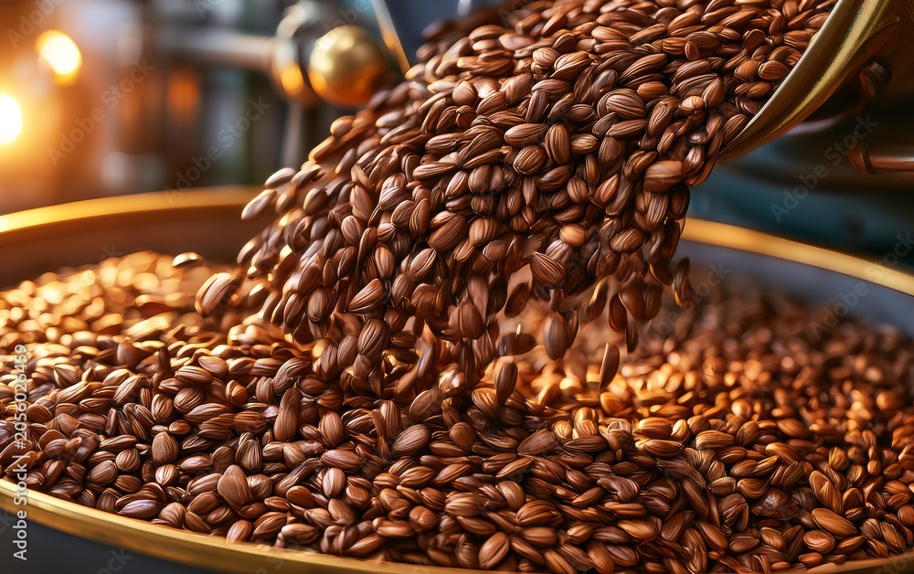Obraz premium Rich Dark Roasted Coffee Beans Being Scooped into a Large Container