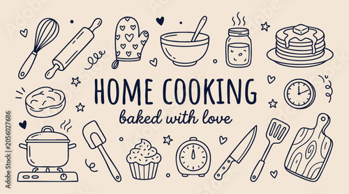 Cooking Utensils And Food Items, Blue Line Art Illustration