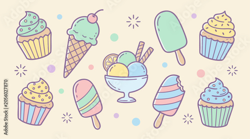 Assorted Desserts: Cupcakes, Ice Cream, And Popsicles, Vector Illustration