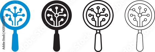 Foto Magnifying glass with integrated circuit patterns in blue and black colors for d