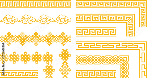 Traditional Asian golden borders and endless knot flat design elements for web and print