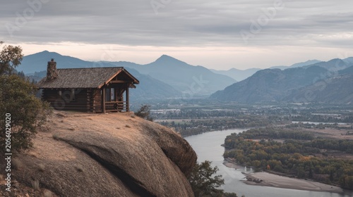 Serene Wooden Cabin Overlooking Majestic Mountain Landscape and Calm River in Tranquil Nature Setting