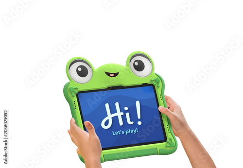 Children hands hold tablet with Bright Green frog case