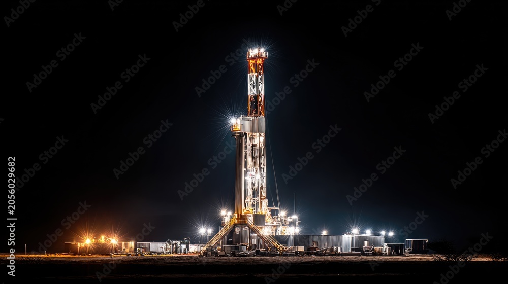 Obraz premium Nighttime Oil Rig with Illuminated Structure and Equipment Under Clear Sky in Remote Location