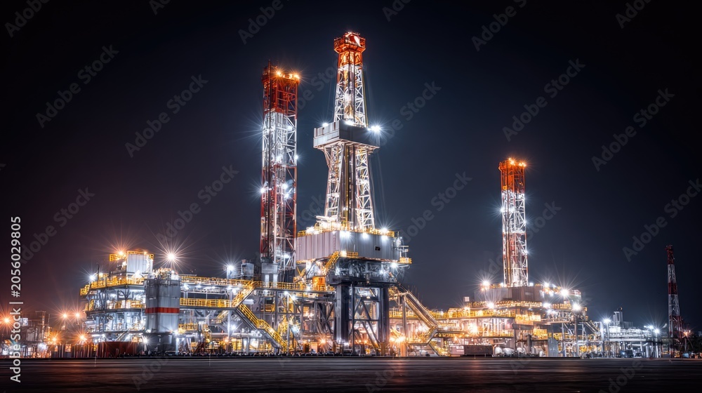 Obraz premium Brightly Lit Oil Rig at Night with Towering Drilling Structures and Complex Equipment on Offshore Platform