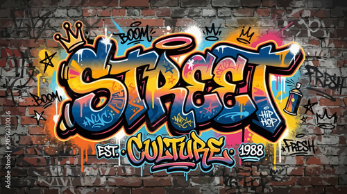 Fotografie Colorful graffiti art on a brick wall in an urban street setting with vibrant pa
