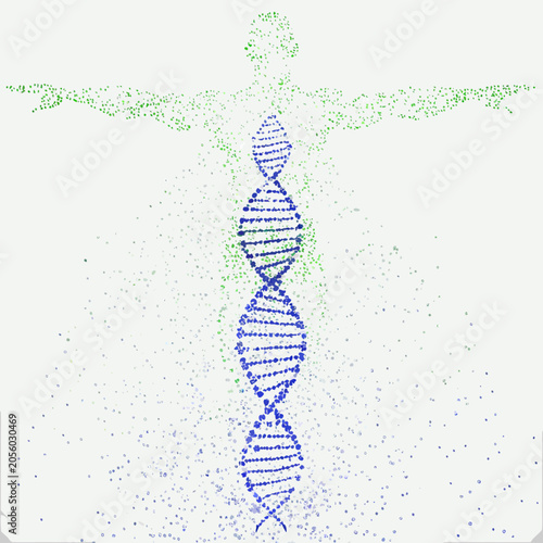 Fotografia Dna double helix and human silhouette pointillist style visualization