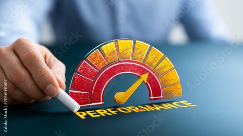 Businessman measuring performance progress with colorful gauge indicator