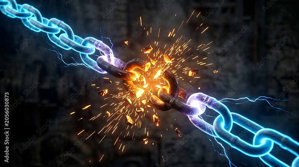 Obraz premium Severed metal chain links with intense electric blue arcs and flying orange sparks against a dark gritty industrial background environment