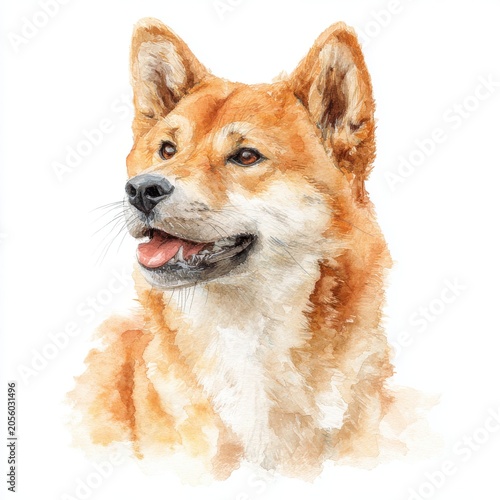 Watercolor Portrait of a Shiba Inu Dog with Amber Eyes and Open Mouth
