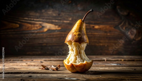 Eaten pear core standing upright on wooden surface, emphasizing organic decay, texture, and natural imperfection in rustic still‑life composition.