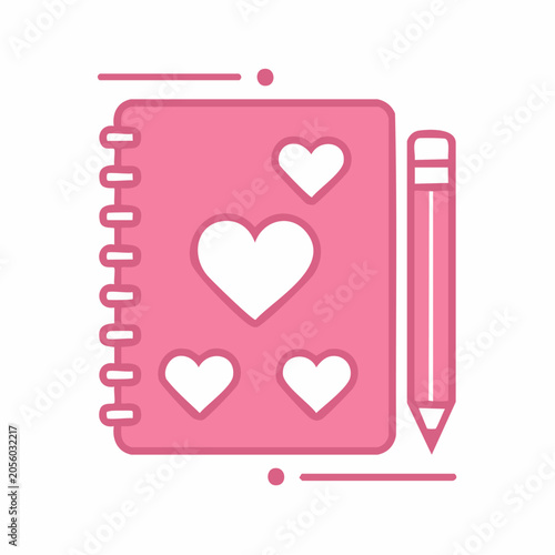 Pink Notebook with Hearts and Pencil Icon