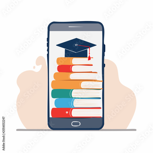 Online Education Concept: Smartphone with Books and Graduation Cap