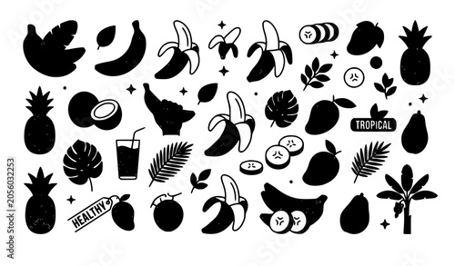 Banana icon set vector outline tropical fruit symbols isolated on white