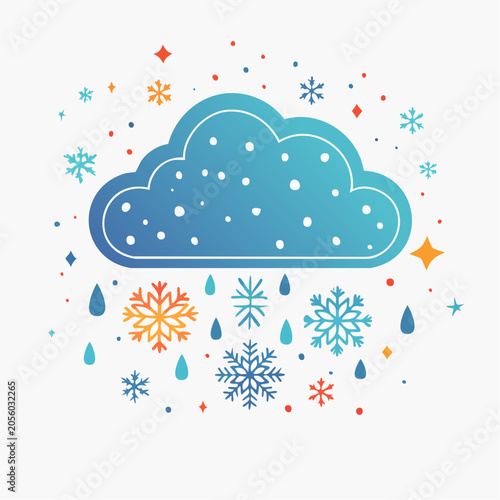 Winter weather cloud with snowflakes and raindrops