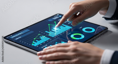 Hand Interacting with a Tablet Displaying Dynamic Business Analytics and Glowing Charts