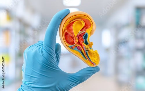 Medical professional holding detailed anatomical model of human ear in hospital