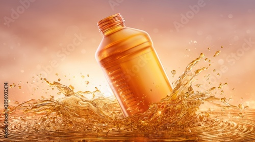 Amber Glass Bottle Splash with Water and Golden Background