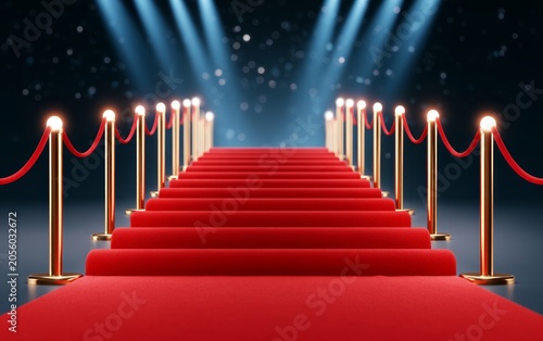Elegant Red Carpet and Gold Stanchions Leading to Event Stage